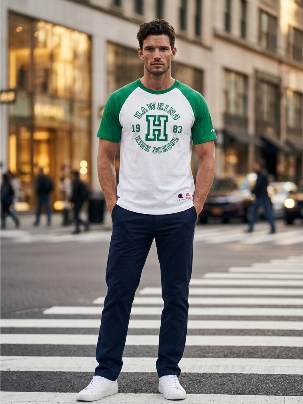 Champion Navy Chinos with White Sneakers-Ready Look